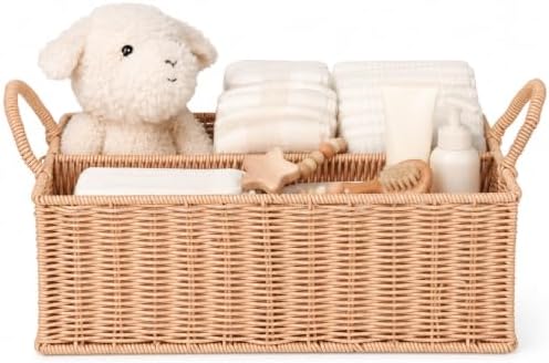 Diaper Caddy Organizer, Hand Rattan Nursery Baby Basket Changing Table Organizer by Klippehop