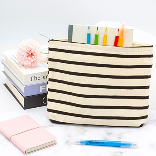 Flat Makeup Bag for Women, Zipper Cosmetic Pouch for Purse, Stripe White - Image 2