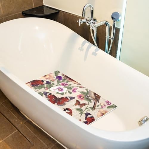Bathtub Mat Non Slip 26.8x15.1 Inch, Butterflies Pansies Birds Shower Mat - Image 5