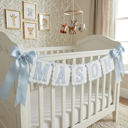 Custom Embroidered Baby Banner, Personalized Baby Name Banner, Scallopped Bow - Image 2