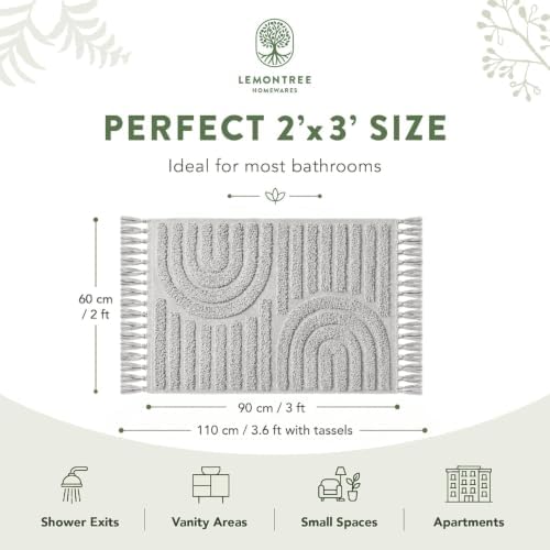 Lemontree Light Gray Boho Bath Mat, Non-Slip Cotton Bathroom Rug, 2x3 ft - Image 2