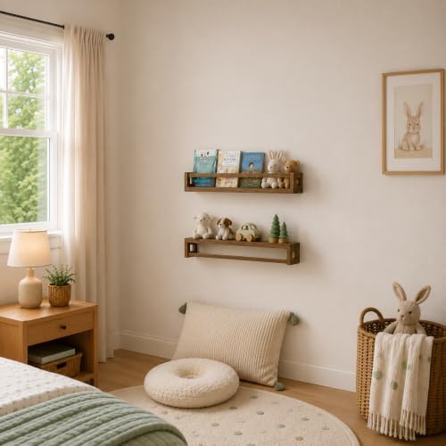 3 Pack 24 Inch Nursery Book Shelves, Solid Wood Floatingshelf, Walnut Brown - Image 5