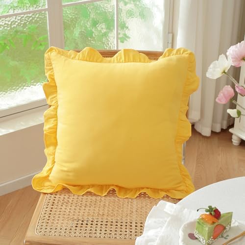 Set of 2 Yellow Ruffled Pillow Covers 18x18 Inch, Solid Color Decorative Throw - Image 2