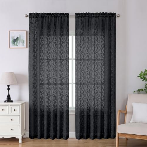 Lecloud Leia Black Sheer Curtains 90 Inches Long 2 Panels, Airy Leaf Textured by Lecloud