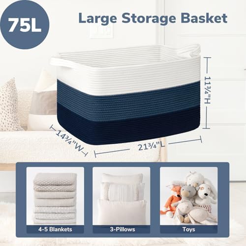 Goodpick Large Woven Rope Blanket Basket, Light Blue - Image 3