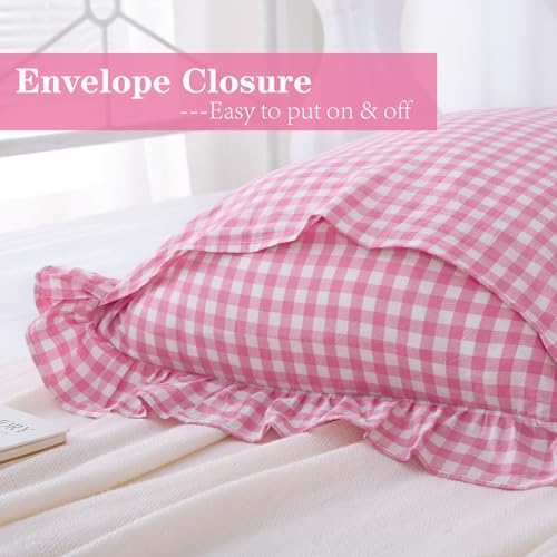 2 Pack Pink White Gingham Ruffle Standard Pillow Shams 20"x26" - Image 6