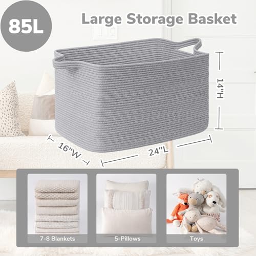 Goodpick 85L Large Woven Blanket Basket 23.6" x 15.7" x 13.8" Cotton Rope - Image 3