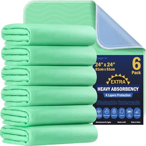 Fygrip 6 Pack 24” x 24” Extra Heavy Absorbency Washable Underpads Bed Pads by Fygrip