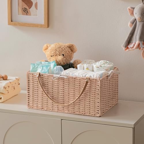 HBlife Large Baby Diaper Caddy Organizer Pink, Paper Rope Storage Baskets - Image 4