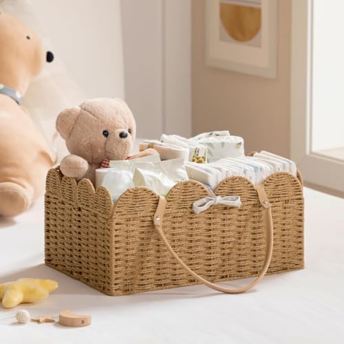 HBlife Large Baby Diaper Caddy, Paper Rope Scalloped Storage Baskets Nursery Bin - Image 2