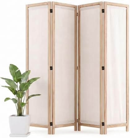 Wood Room Divider Panel with Linen Fabric, Boho Folding Privacy Screen 67" by Shinkael