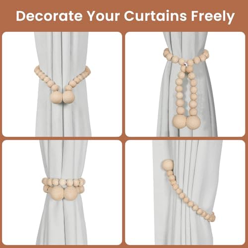 KLOGTSIND Magnetic Curtain Tiebacks, 2 Pack Wood Bead Curtain Holdbacks - Image 4