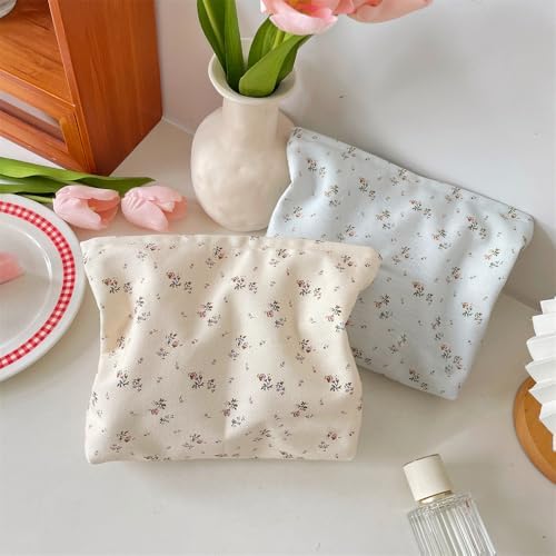 Flat Makeup Bag for Women, Zipper Cosmetic Pouch for Purse, Flower Beige - Image 7