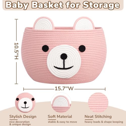 CherryNow Large Baby Basket for Gifts Empty, Cute Bear Design, Brght Pink - Image 4