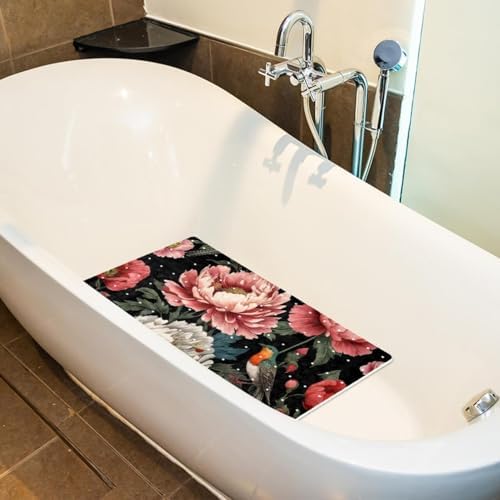 Bathtub Mat Non Slip 26.8x15.1 Inch, Tropical Leaves Flowers Bird Shower Mat - Image 5