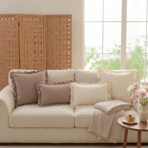 Set of 2 Taupe Ruffled Lumbar Pillow Covers 12x20 Inch, Soft Fabric Solid Color - Image 6