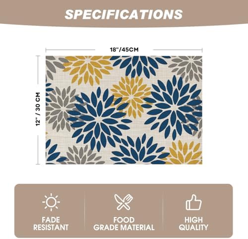 Artoid Mode Floral Vinyl Placemats Set of 6, Heat Resistant Washable Non-Slip - Image 6