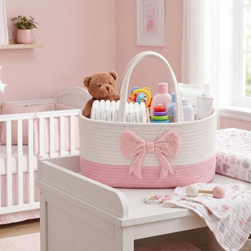 Diaper Caddy Organizer Pink Bow Empty Gift Basket - Image 3