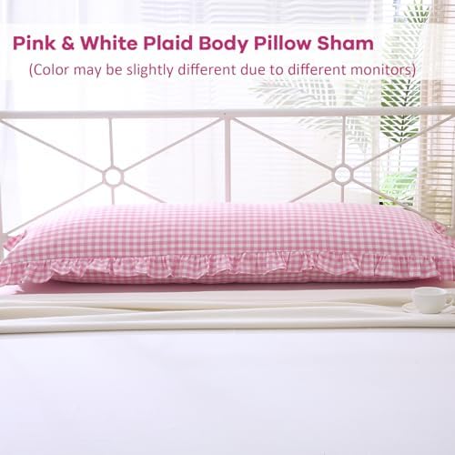 Pink White Gingham Ruffle Body Pillow Cover 20"x54" - Image 2