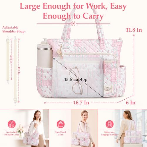 WOBAGMEN Teacher Tote Bag for Women, Quilted Floral Laptop Work Tote - Image 4