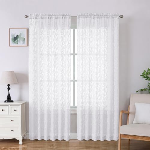 Lecloud Leia White Sheer Curtains 84 Inches Long 2 Panels, Airy Voile Jacquard by Lecloud