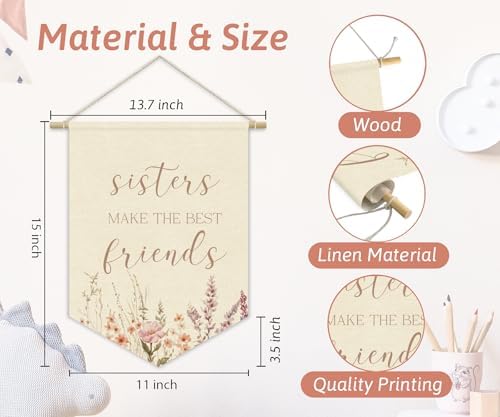 Girls Room Decor, Sisters Make the Best Friends Linen Canvas Banner, Wildflower - Image 4