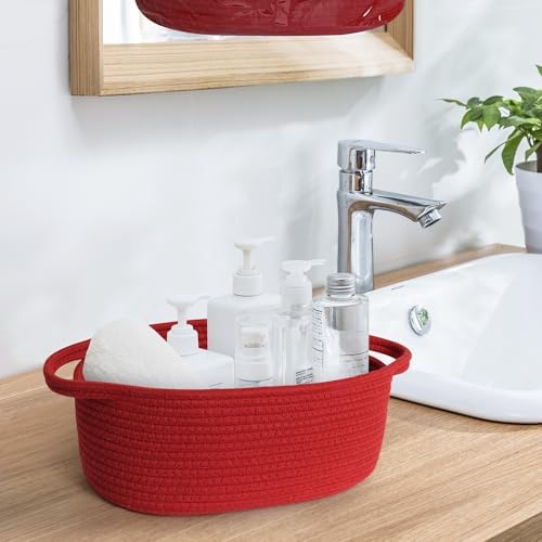 MEGASKET Red Woven Basket, Cute Cotton Rope Cat Dog Toy Bin Box, Small Woven Bin - Image 6