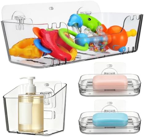 Wakauto 4 Pack Clear Wall Mounted Bath Toy Organizer & 2 Soap Dishes by Wakauto