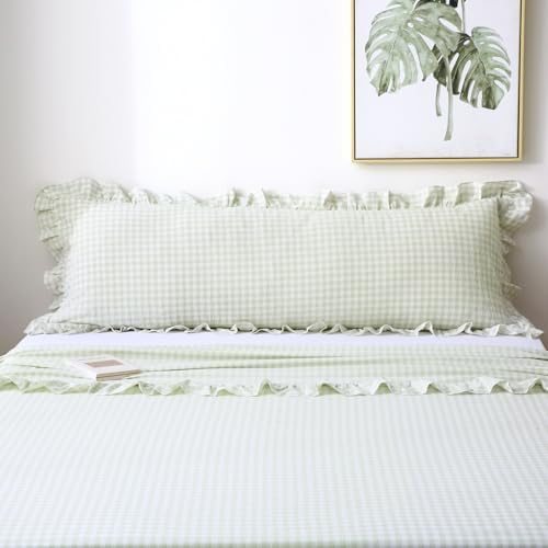 Pile Green White Gingham Ruffle Body Pillow Cover 20"x54" - Image 2