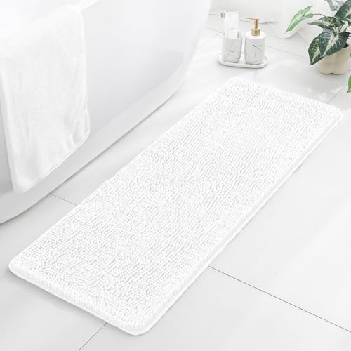 Chenille Bathroom Runner Rug 17"x47" White, Plush Bath Mat by Kildoss