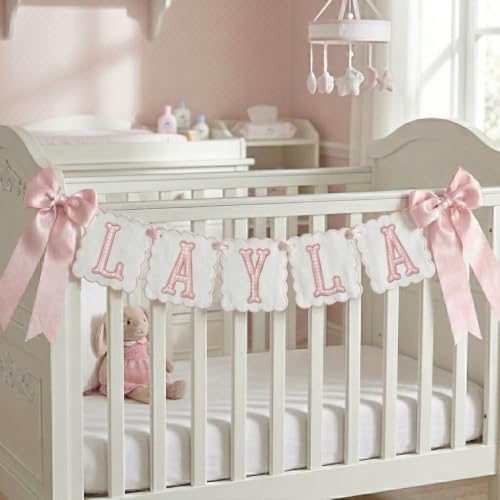Custom Embroidered Baby Banner, Personalized Baby Name Banner, Scallopped Bow by MeMate