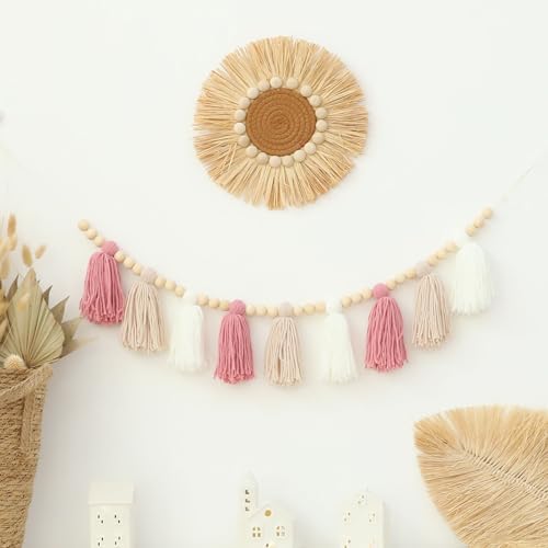 Boho Yarn Tassel Garland Pink Banner by DCJHFJ
