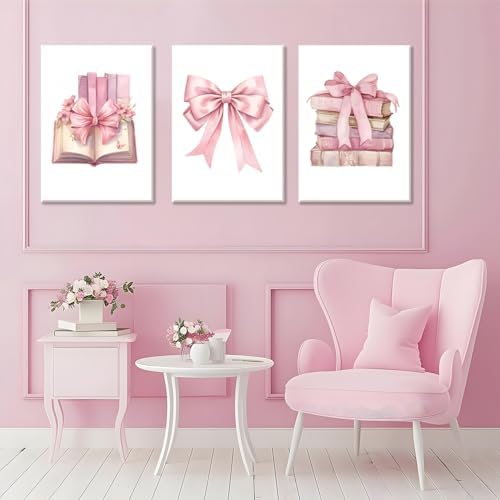 JBZZD Coquette Pink Bow Canvas Wall Art Set of 3, Book Lovers Gifts Preppy - Image 5