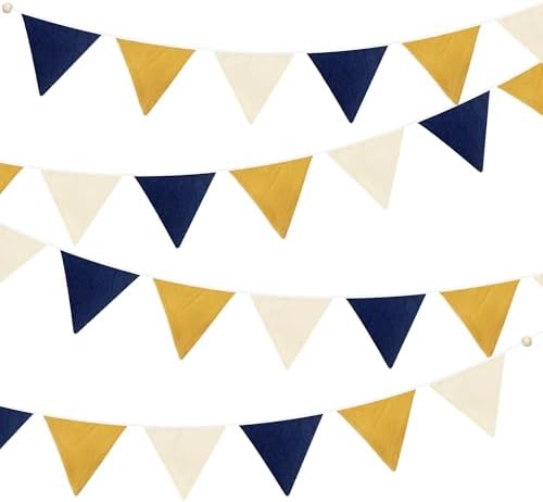 2 Sets of Blue Yellow White Garland 24Pcs Yellow Blue Fabric Linen Pennant by pinkblume