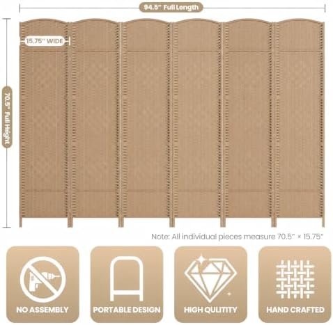 6 Panel Folding Room Divider, Woven Privacy Screen, Light Beige - Image 3
