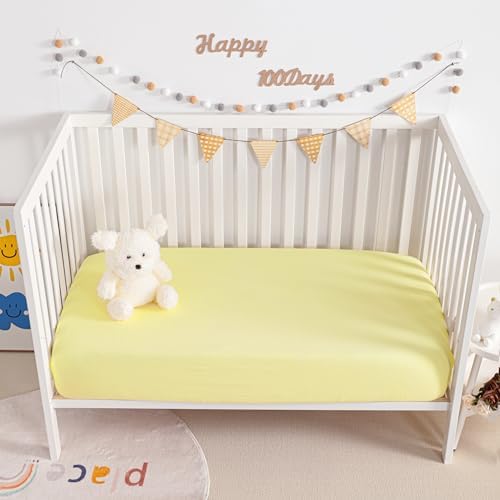 NTBAY Mini Crib Muslin Fitted Sheets, 2 Pack, 24 x 38, Light Yellow - Image 5
