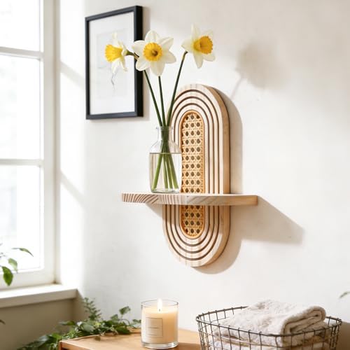 Artilady Boho Shelf Wall Decor Rattan Wood Floating Shelves Srorage Display - Image 7