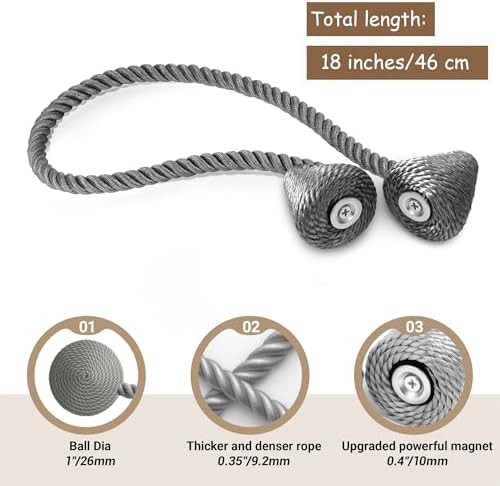 Hion Magnetic Curtain Tiebacks Grey 2pcs, Curtain Holdbacks Hooks Holders - Image 2