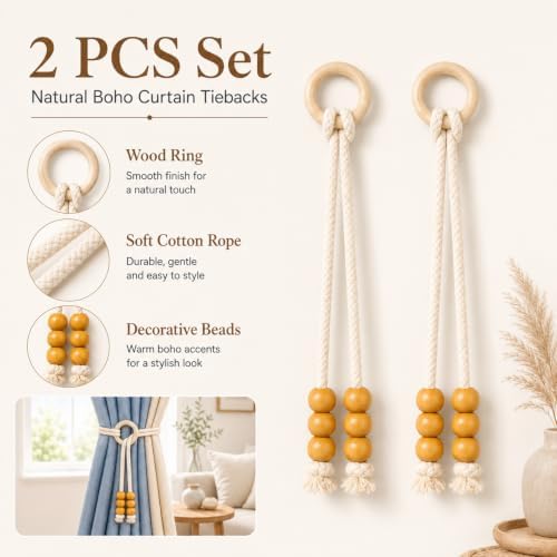 2 Pcs Vintage Adjustable Wooden Ring Curtain Tiebacks Handmade Boho Curtain - Image 4