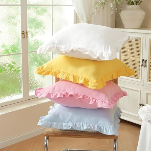 Set of 2 Light Blue Ruffled Lumbar Pillow Covers 12x20 Inch, Soft Fabric Solid - Image 4