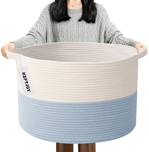 90L Large Blanket Basket, Woven Laundry Basket-White&Blue by HZFTJOY