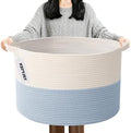 90L Large Blanket Basket, Woven Laundry Basket-White&Blue by HZFTJOY