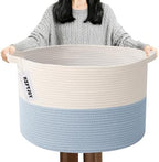 90L Large Blanket Basket, Woven Laundry Basket-White&Blue by HZFTJOY