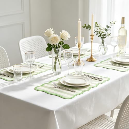 JarThenaAMCS 60 Pcs Light Green Striped Paper Placemats Scalloped Edge Table - Image 6