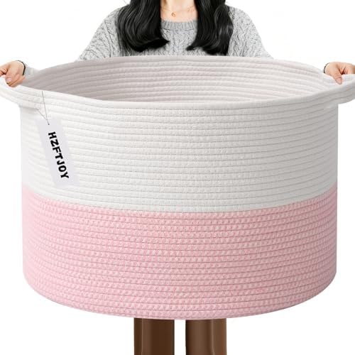 115L Extra Large Pink Woven Cotton Rope Basket by HZFTJOY