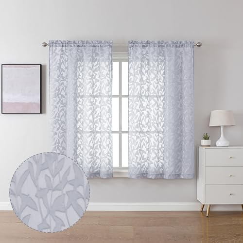Lecloud Leia Light Grey Semi Sheer Curtains 45 Inch Length 2 Panels, Jacquard by Lecloud