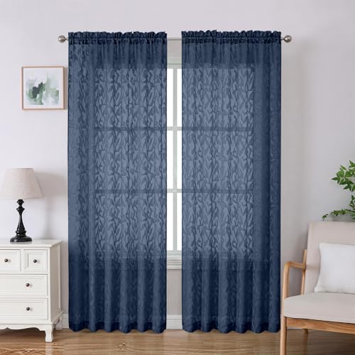 Lecloud Leia Navy Blue Sheer Curtains 84 Inches Long 2 Panels, Airy Leaf by Lecloud