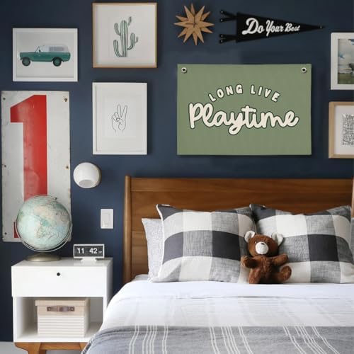 Playroom Decor for Boy, Long Live Playtime Wall Hanging Linen Banner, 20x30 - Image 4