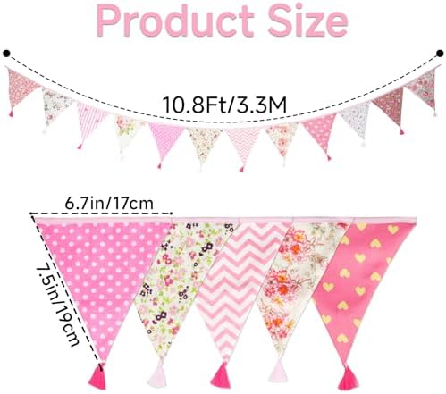 G2PLUS 10.8Ft Cotton Triangle Bunting Banner – 12pcs Pink Floral Fabric Pennant - Image 2