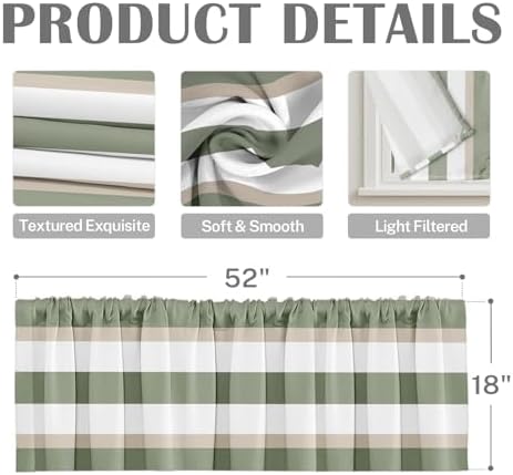 Emvency Valances for Windows, 2 Pack, 52x18 Inch, Sage Striped - Image 3